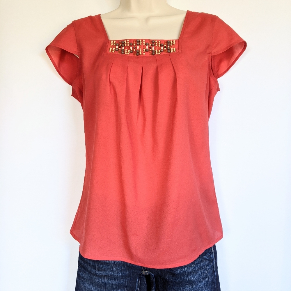 Ann Taylor Loft embellished‎ top w/ cap sleeves